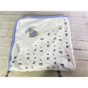 First Moments Layette Baby Blanket Little Golf Pro Club Tee White Blue Trim Hood